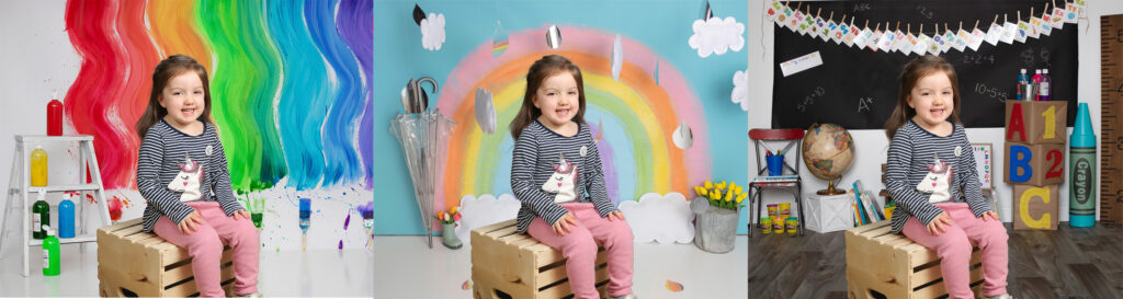 girl sitting on crate for daycare photos with multiple backgrounds