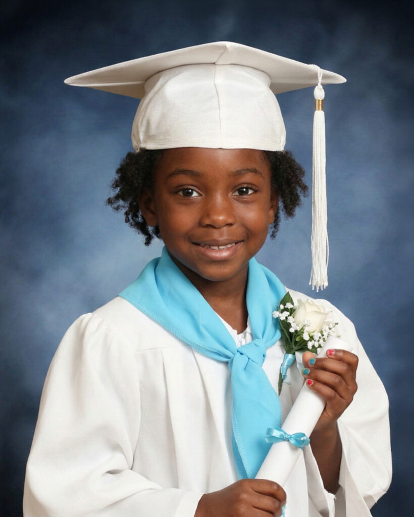 daycare graduate in cap and gown holding a diploma